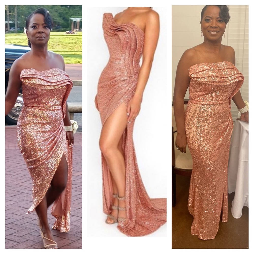Nicole Bakti strapless Sequin Rose Gold Gown. Train busseled in back.
